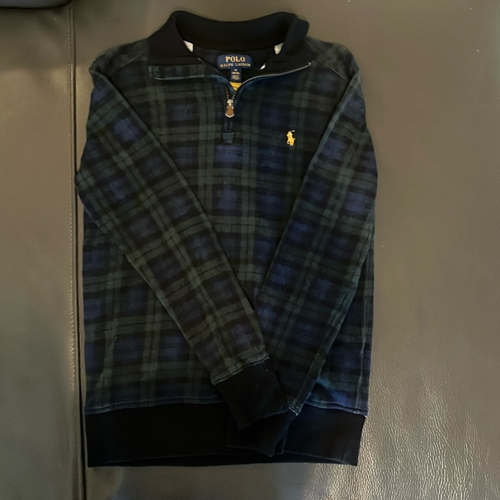 Polo Ralph Lauren zip-up sweater, size 10/12 boys. Some fading/wash wear.
